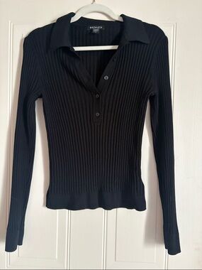 Athleta Black Ribbed Long Sleeve Polo Sweater, M